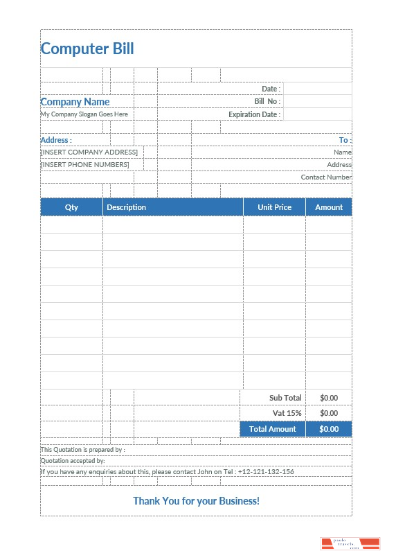 Computer Bill Format Template PSD template